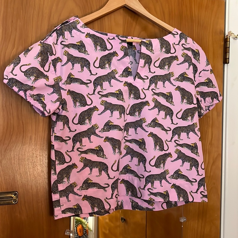 J. Crew Pink Leopard Print Short Sleeve Blouse